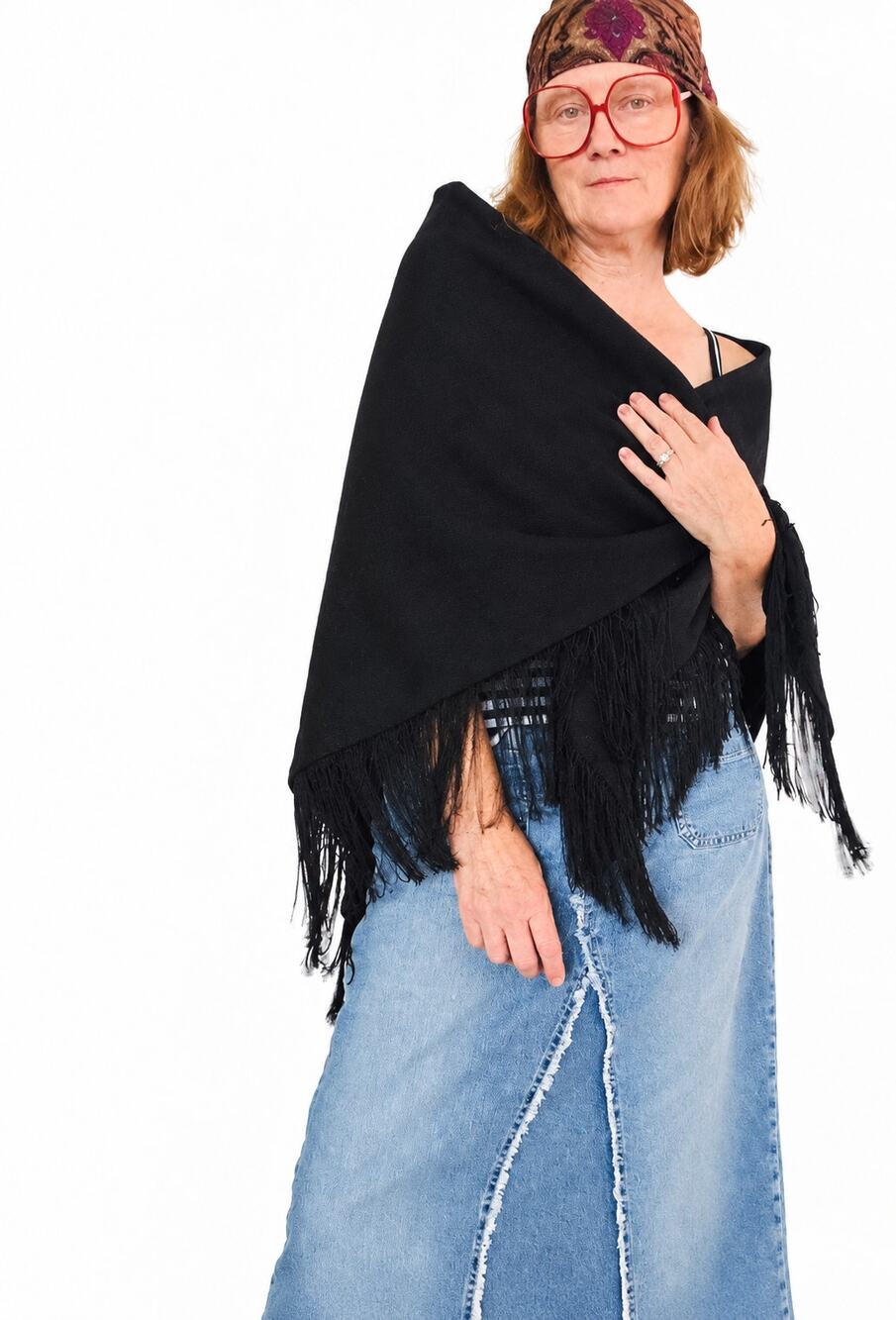 Vintage 70s Black Fringed Shawl Wrap Scarf Witchy Whimsygoth Goth Fall Accessory